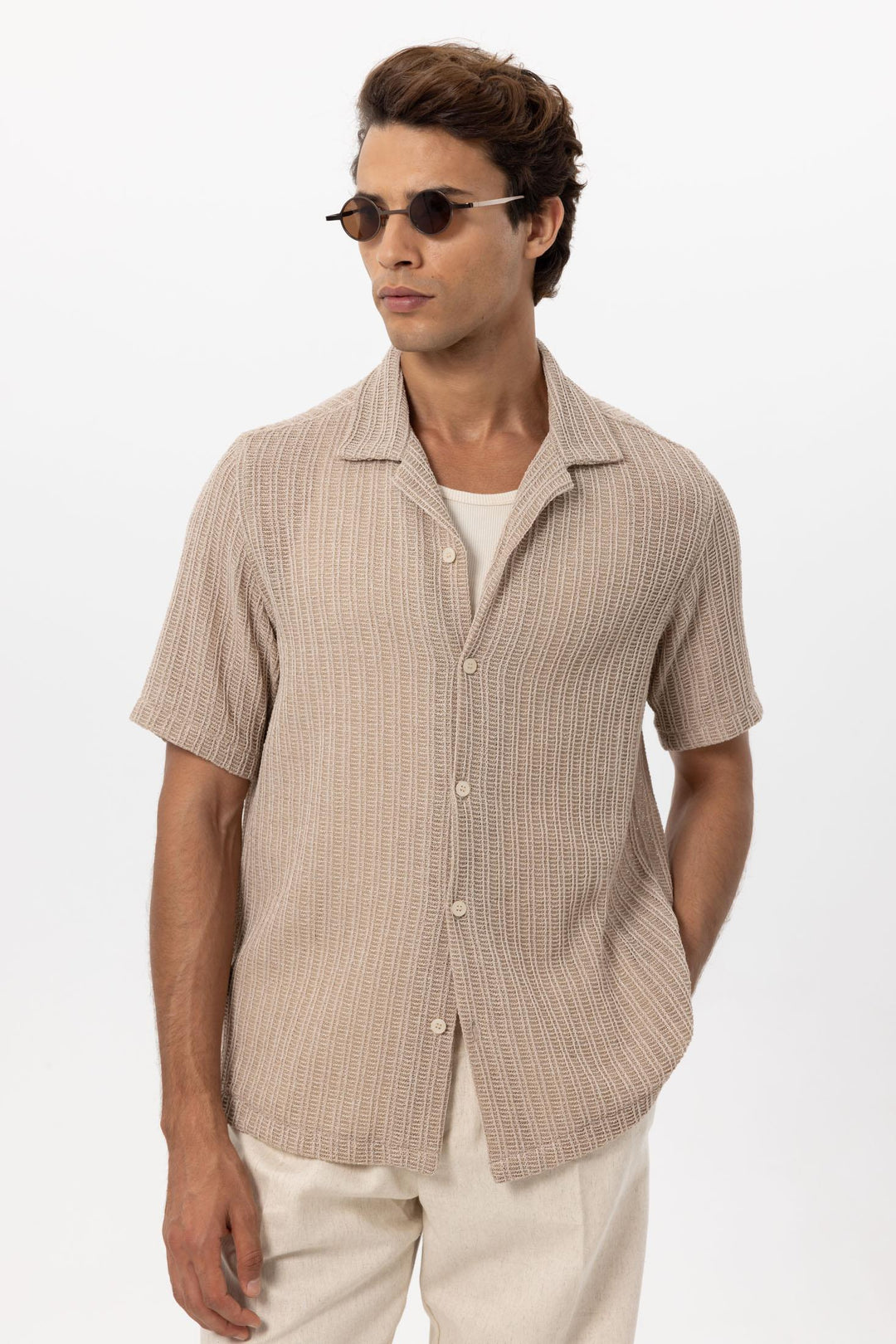 Camisa Hombre Crochet Textura Beige - Wessi