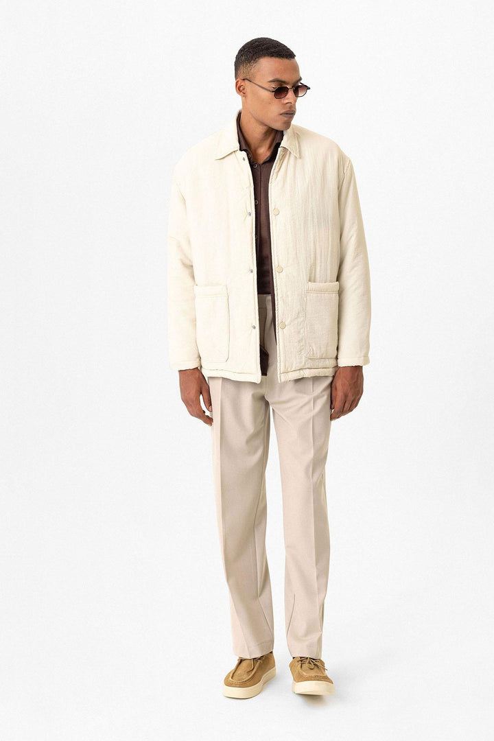 Beige Lightly Padded Men's Jacket with Cargo Pockets - Wessi