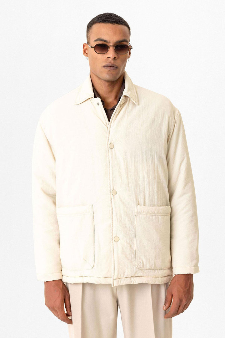 Beige Lightly Padded Men's Jacket with Cargo Pockets - Wessi