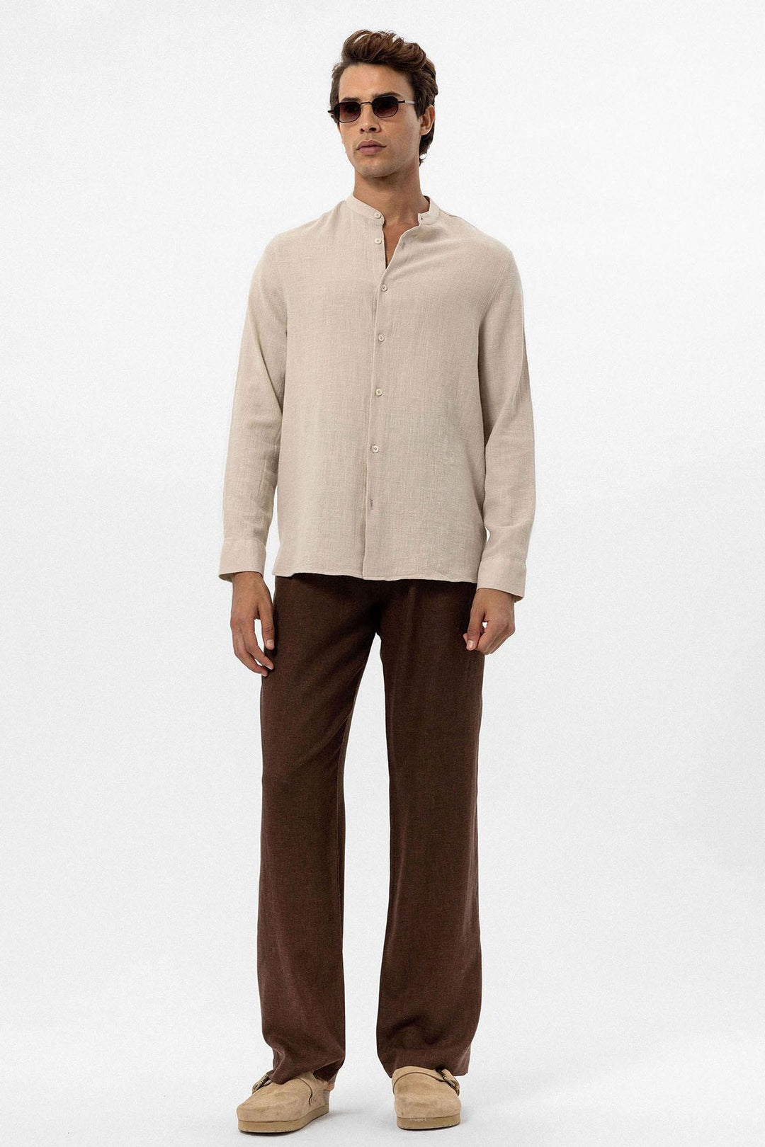 Camisa tejida cuello mao beige para hombre - Wessi