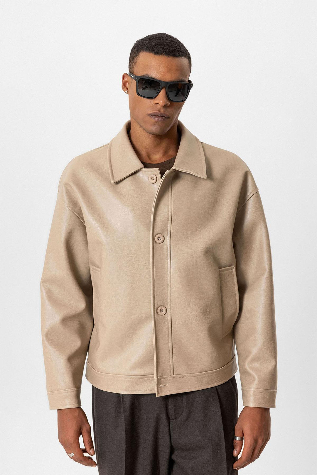 Beige Oversize Faux Leather Men's Jacket - Wessi