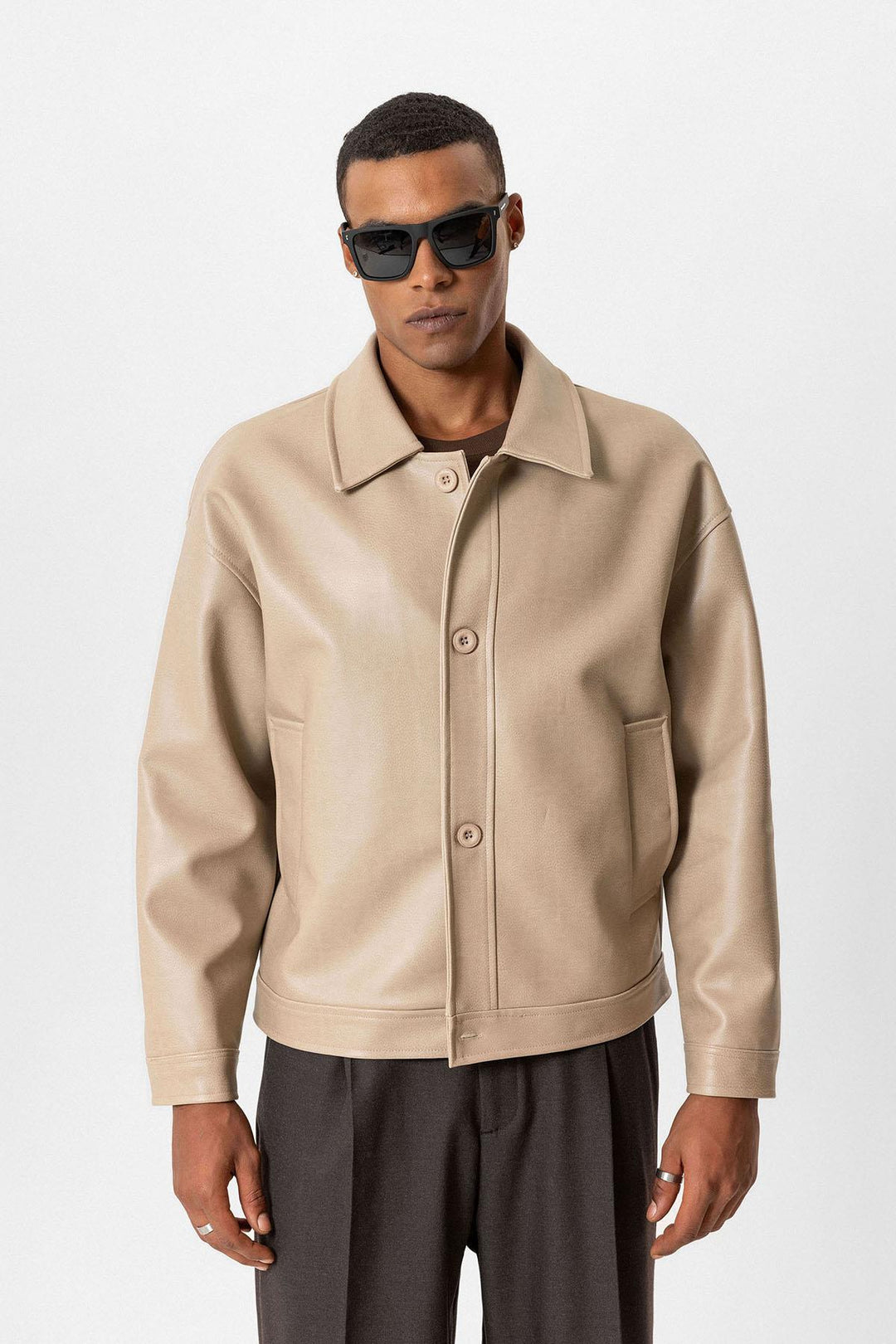 Beige Oversize Faux Leather Men's Jacket - Wessi