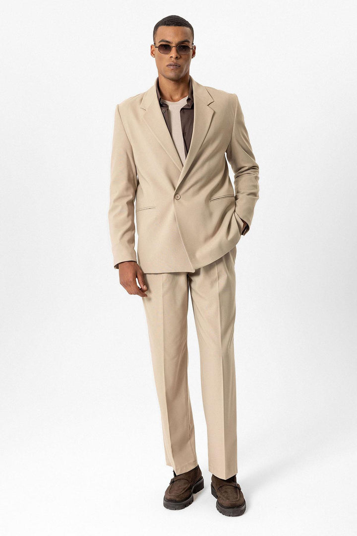 Beige Single-Button Relaxed Men's Blazer Jacket - Wessi