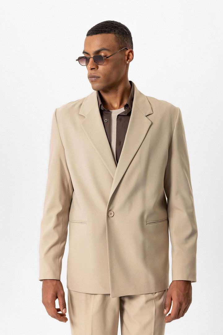 Beige Single-Button Relaxed Men's Blazer Jacket - Wessi