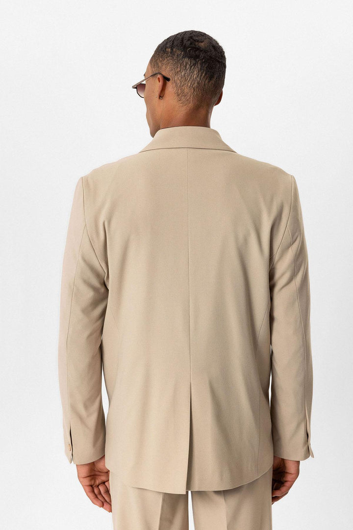 Beige Single-Button Relaxed Men's Blazer Jacket - Wessi