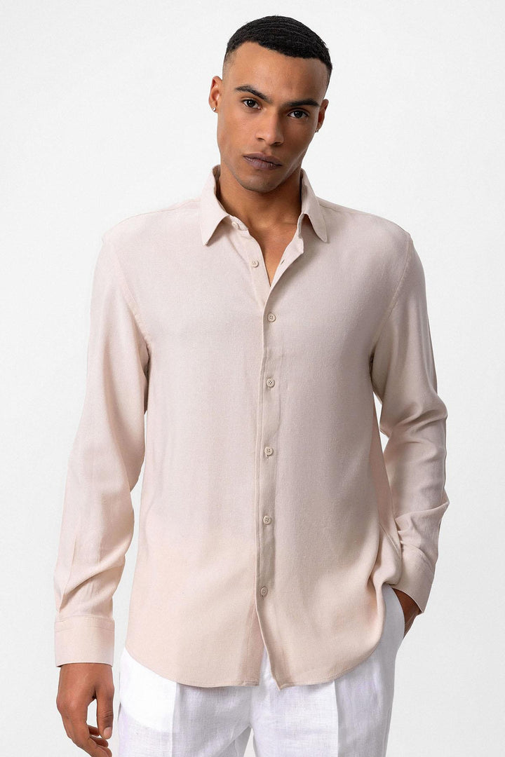 Camisa de lino de manga larga beige para hombre - Wessi