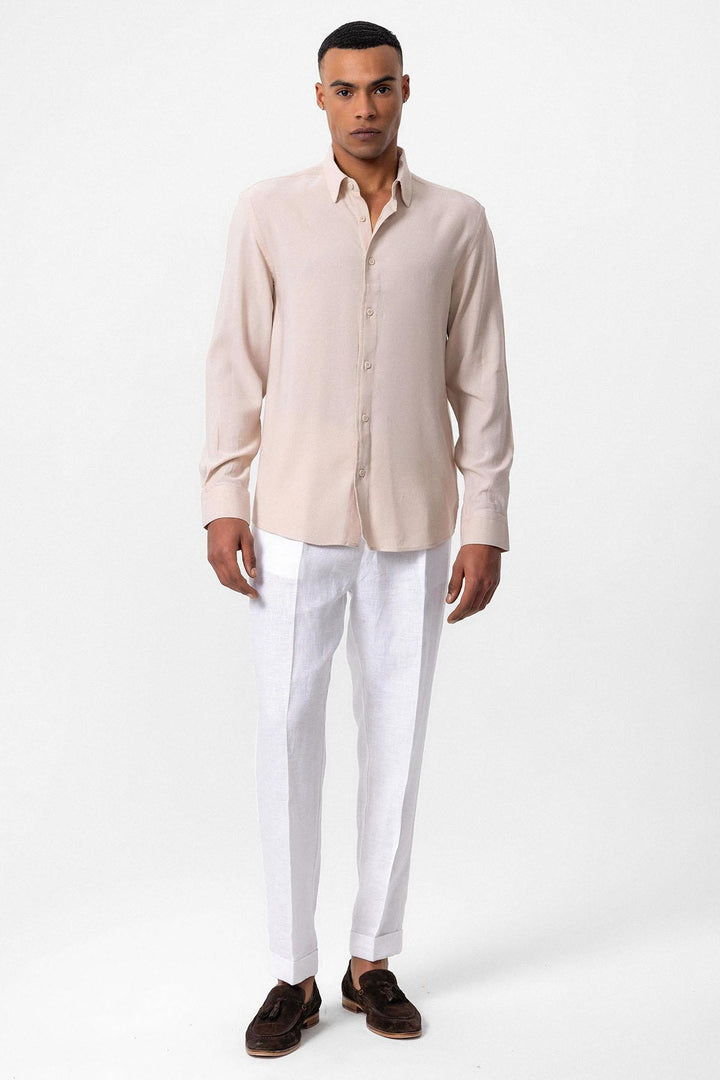 Camisa de lino de manga larga beige para hombre - Wessi