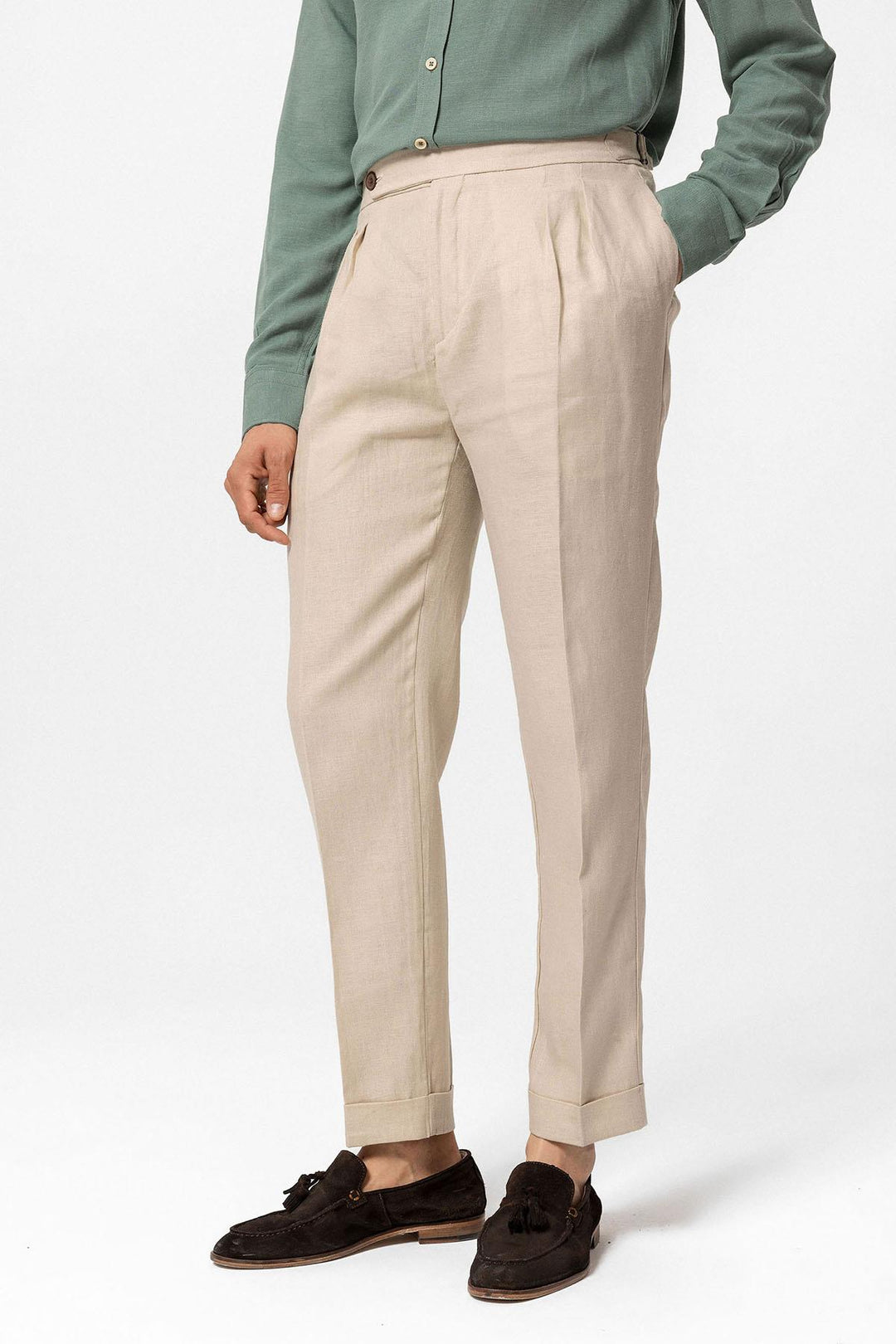 Men's Beige High-Waist 100% Linen Pleated Pants - Wessi