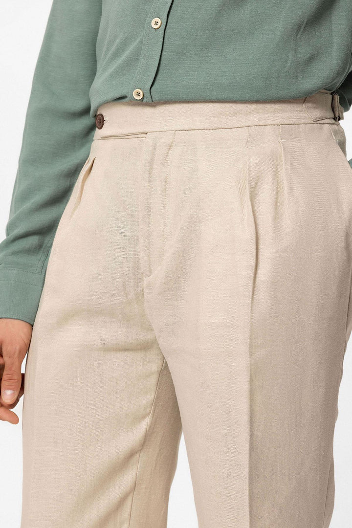 Men's Beige High-Waist 100% Linen Pleated Pants - Wessi