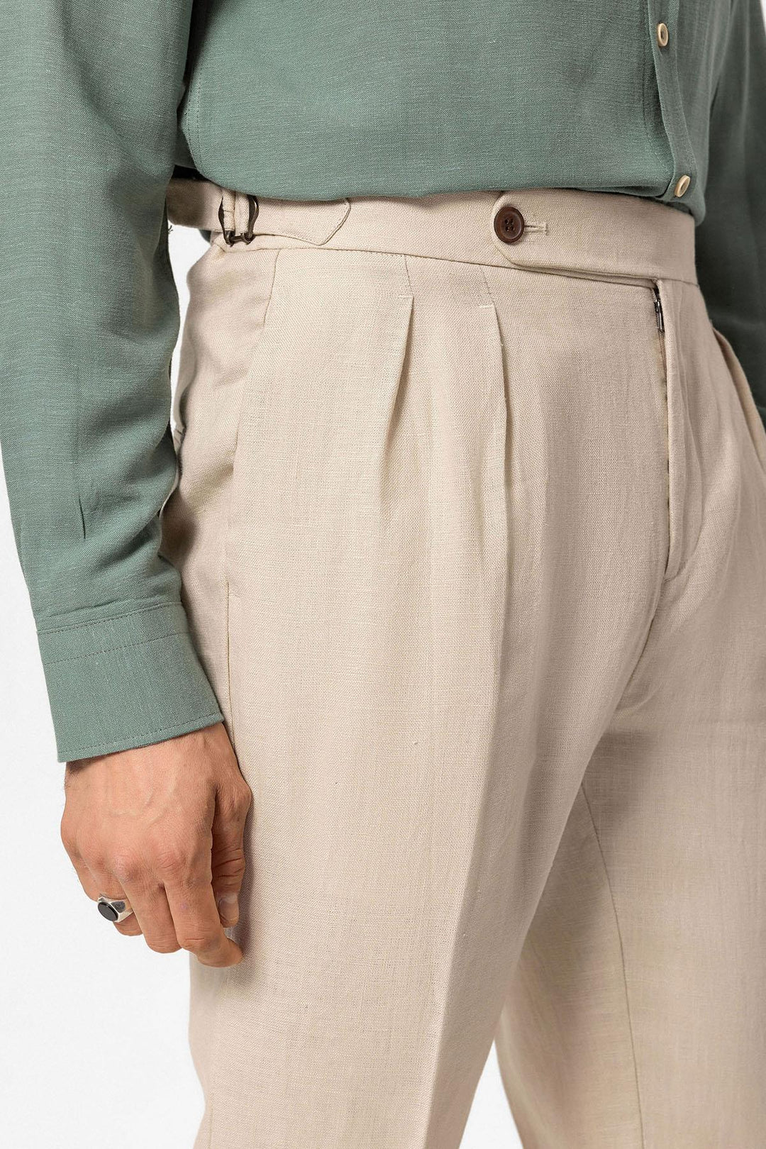 Men's Beige High-Waist 100% Linen Pleated Pants - Wessi