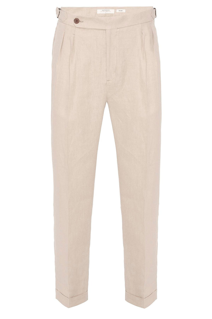 Men's Beige High-Waist 100% Linen Pleated Pants - Wessi