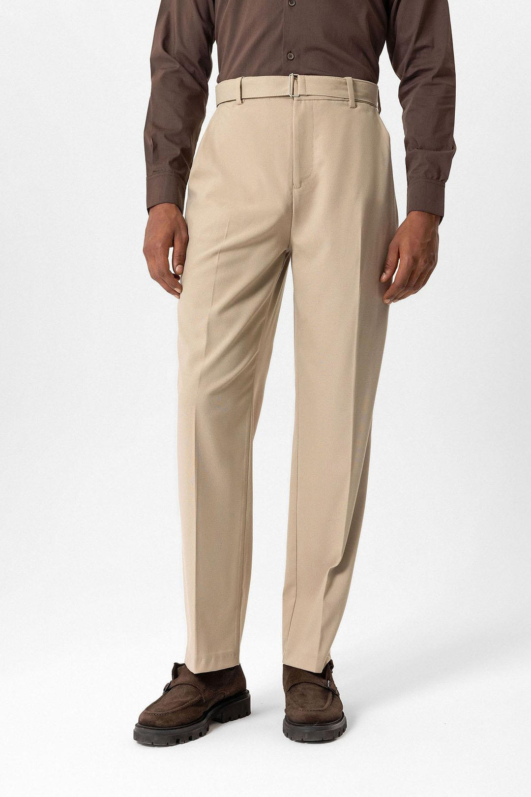 Beige High-Waisted Belted Men's Trousers - Wessi