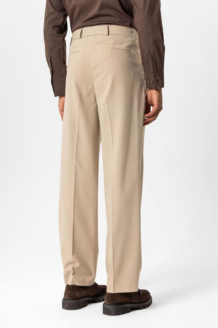 Beige High-Waisted Belted Men's Trousers - Wessi