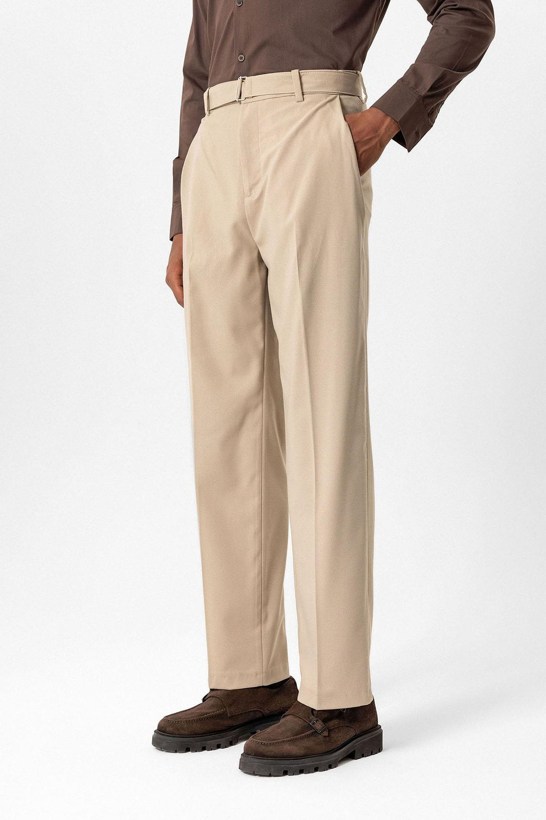 Beige High-Waisted Belted Men's Trousers - Wessi