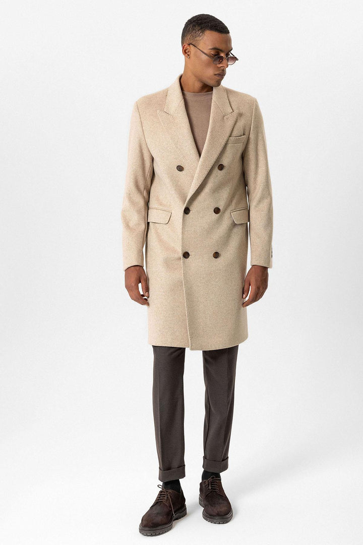 Beige Wool-Blend Double-Breasted Men's Coat - Wessi