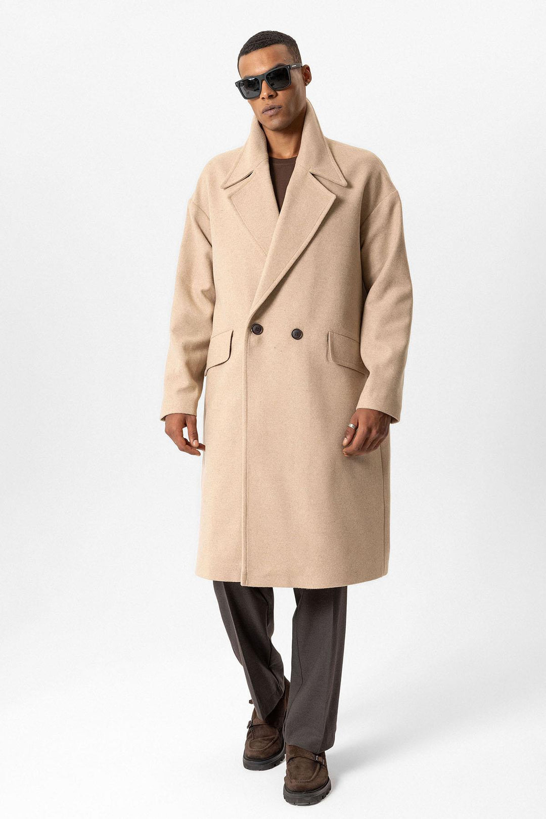 Beige Wool-Blend Double-Breasted Men's Coats - Wessi