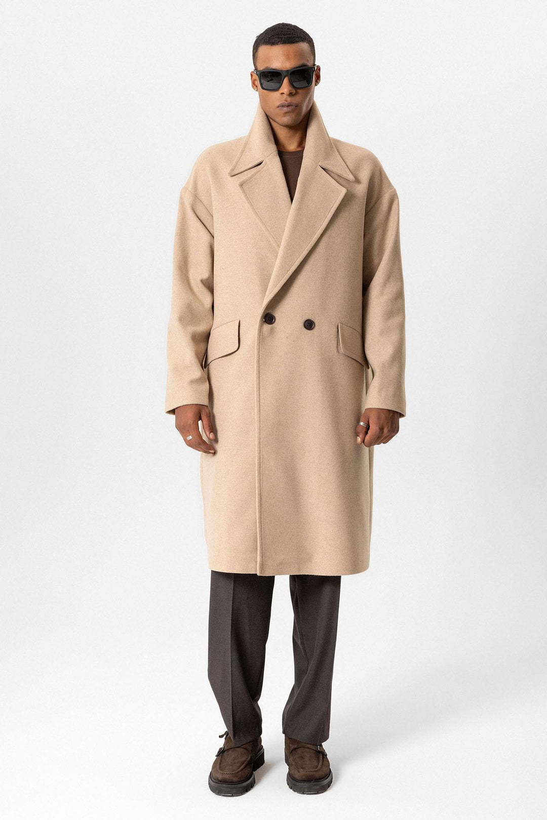 Beige Wool-Blend Double-Breasted Men's Coats - Wessi