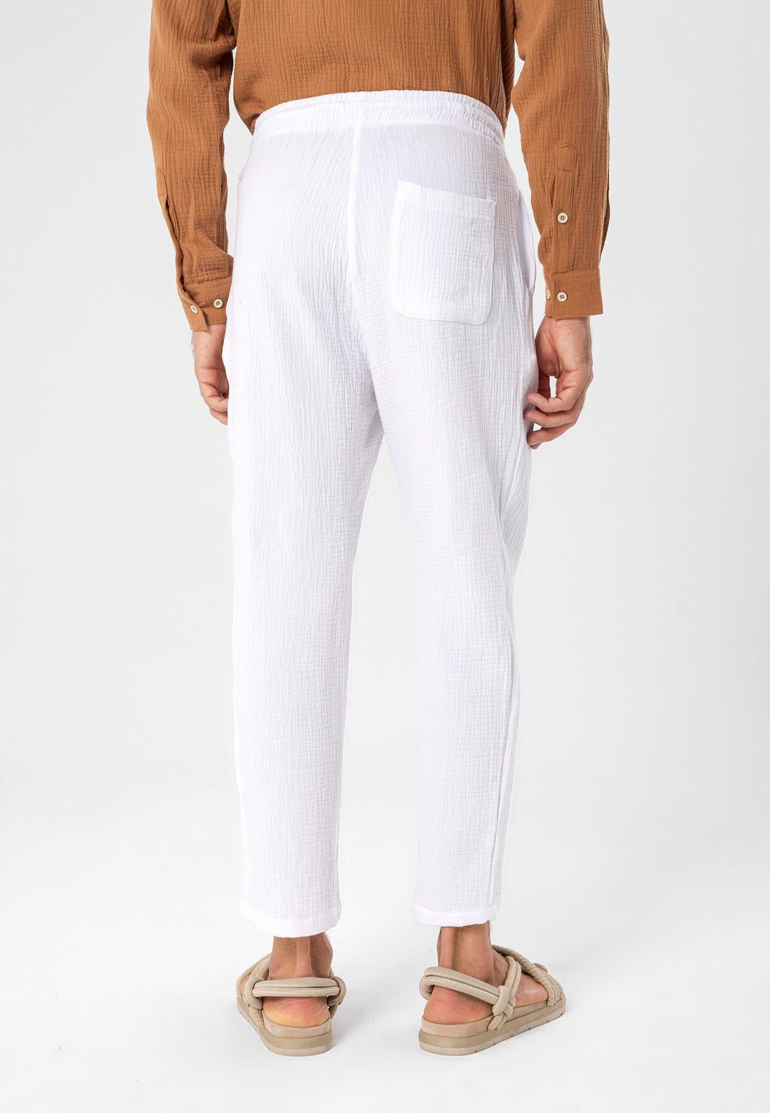 Pantalon Homme Blanc Taille Haute en Tissu Mousseline avec Cordon de Serrage à la Taille - Wessi