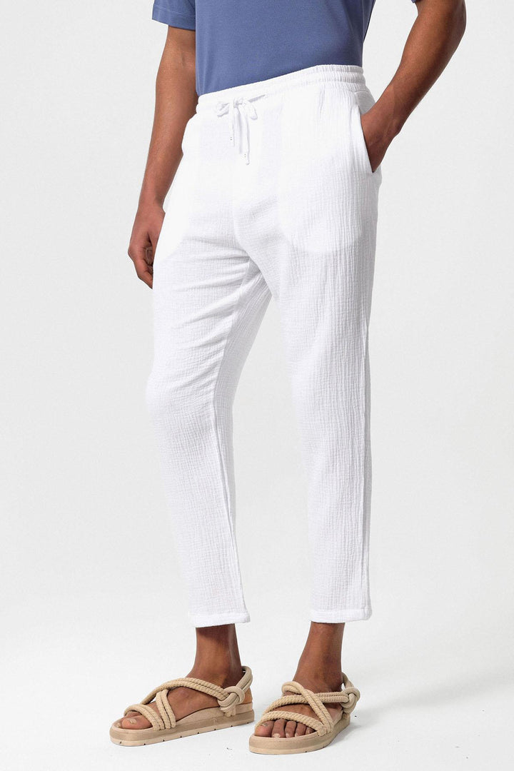 Pantalon Homme Blanc Taille Haute en Tissu Mousseline avec Cordon de Serrage à la Taille - Wessi