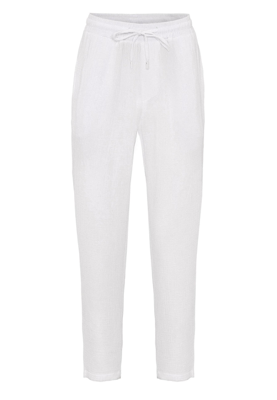 Pantalon Homme Blanc Taille Haute en Tissu Mousseline avec Cordon de Serrage à la Taille - Wessi