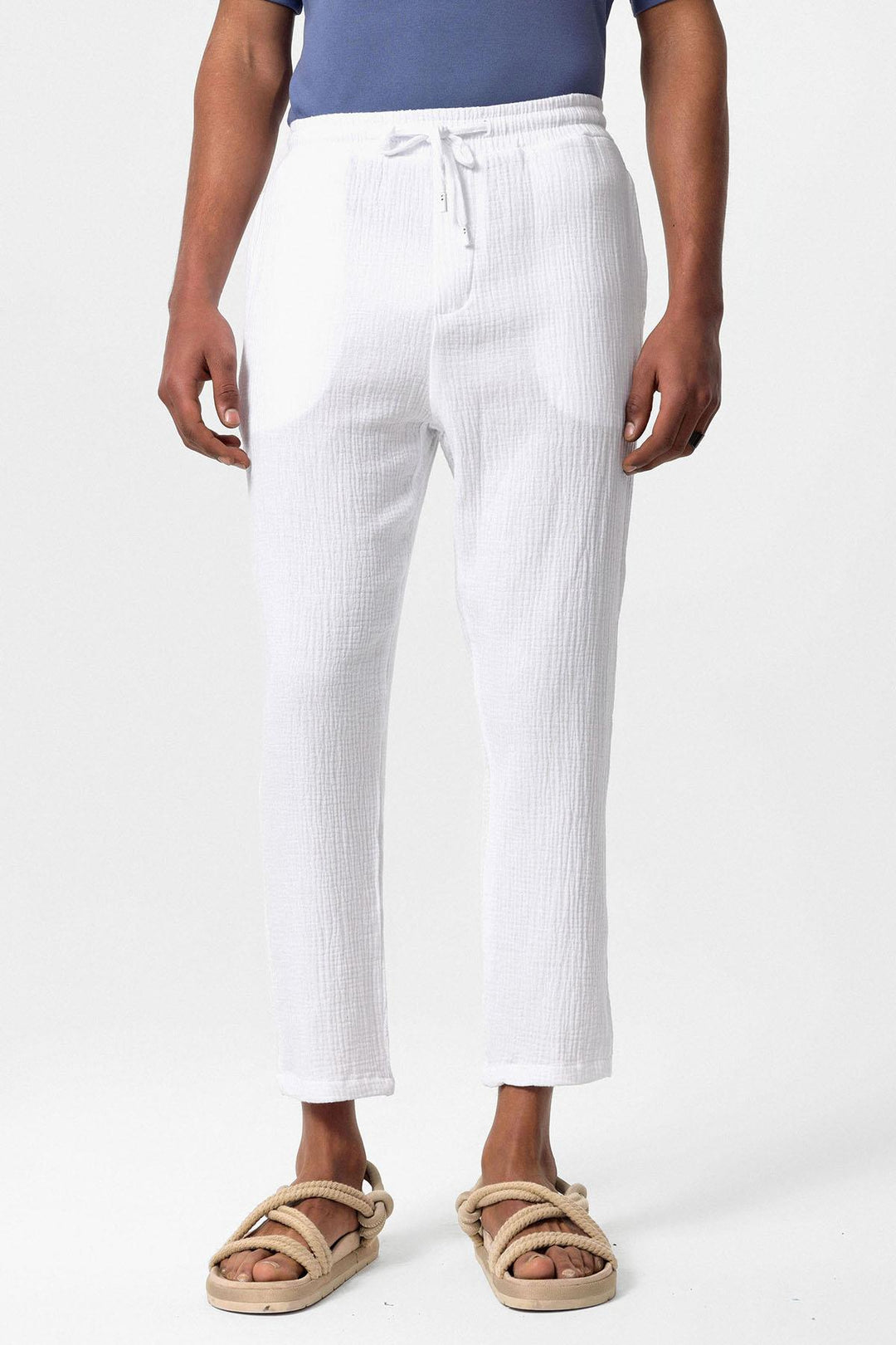 Pantalon Homme Blanc Taille Haute en Tissu Mousseline avec Cordon de Serrage à la Taille - Wessi