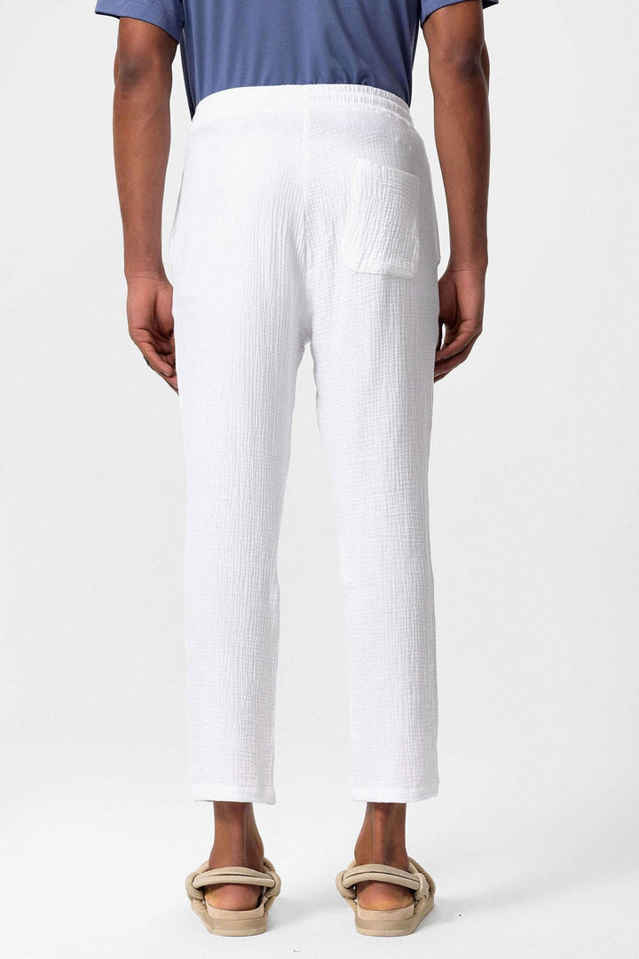 Pantalon Homme Blanc Taille Haute en Tissu Mousseline avec Cordon de Serrage à la Taille - Wessi