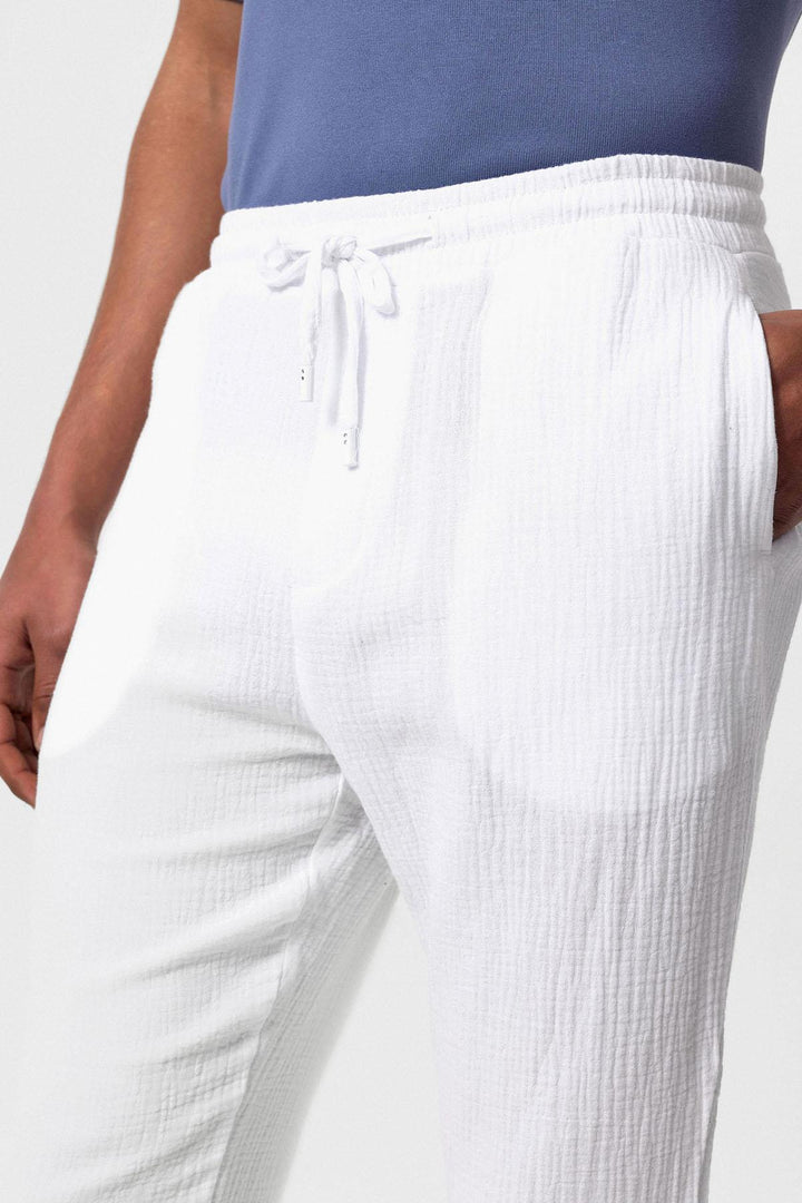 Pantalon Homme Blanc Taille Haute en Tissu Mousseline avec Cordon de Serrage à la Taille - Wessi