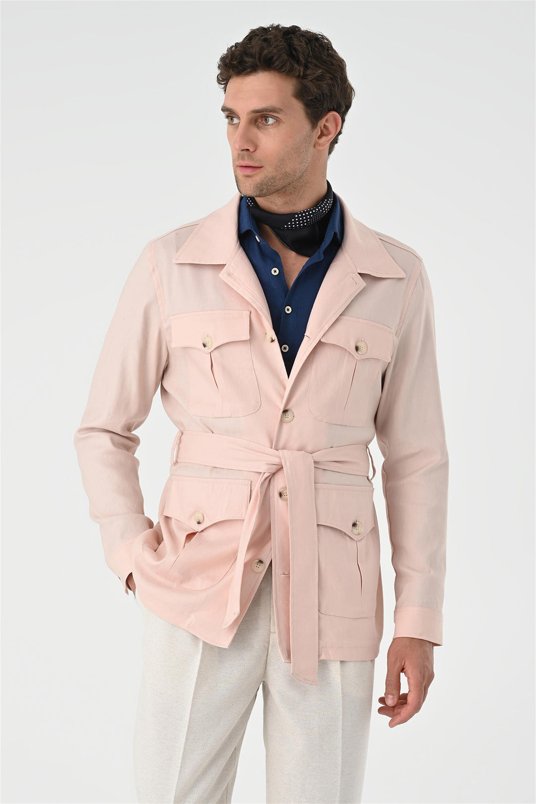 Manteau de Lin Saisonnier Ceinturé à Taille Poudre pour Homme - Wessi