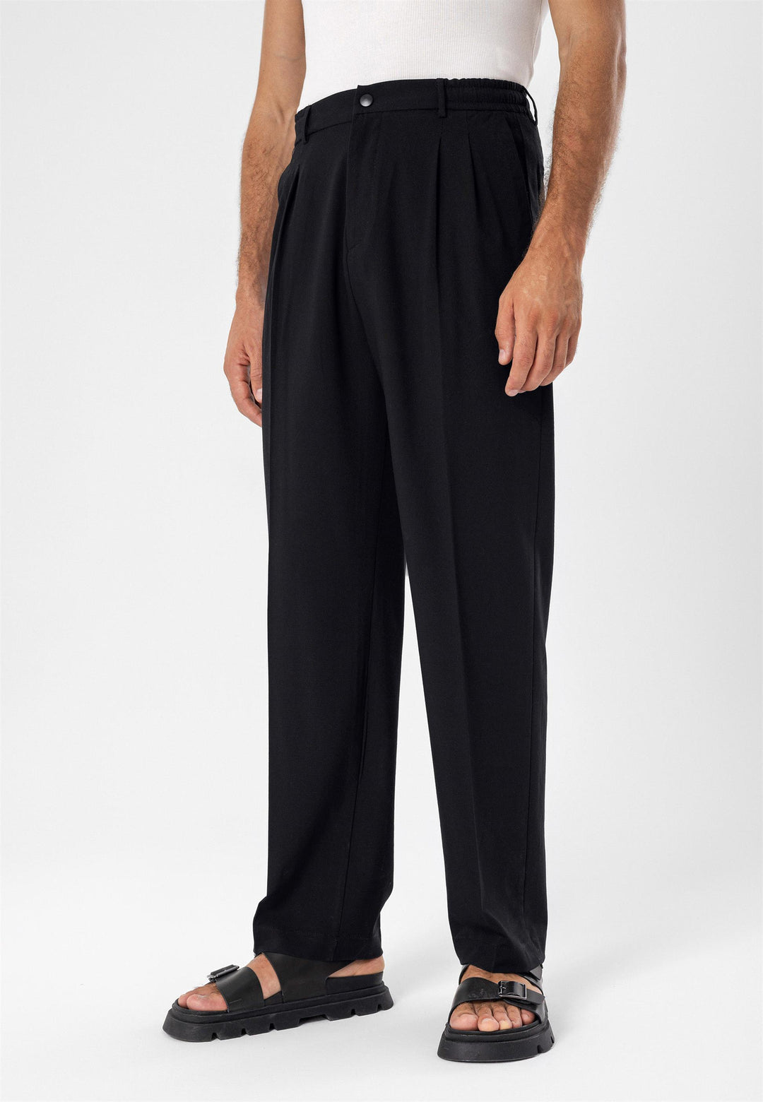 Men's Black Elastic Waist High Waist Pleated  Trousers - Wessi