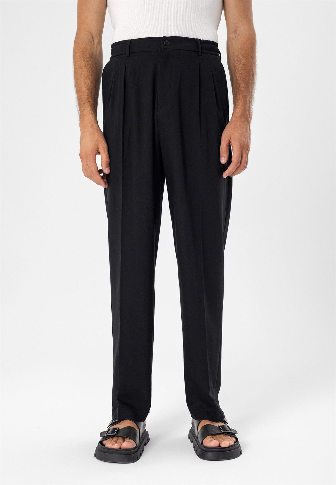 Men's Black Elastic Waist High Waist Pleated  Trousers - Wessi