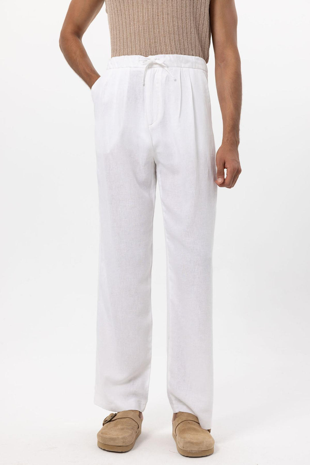 Men's White Belted Linen Blend Pants - Wessi