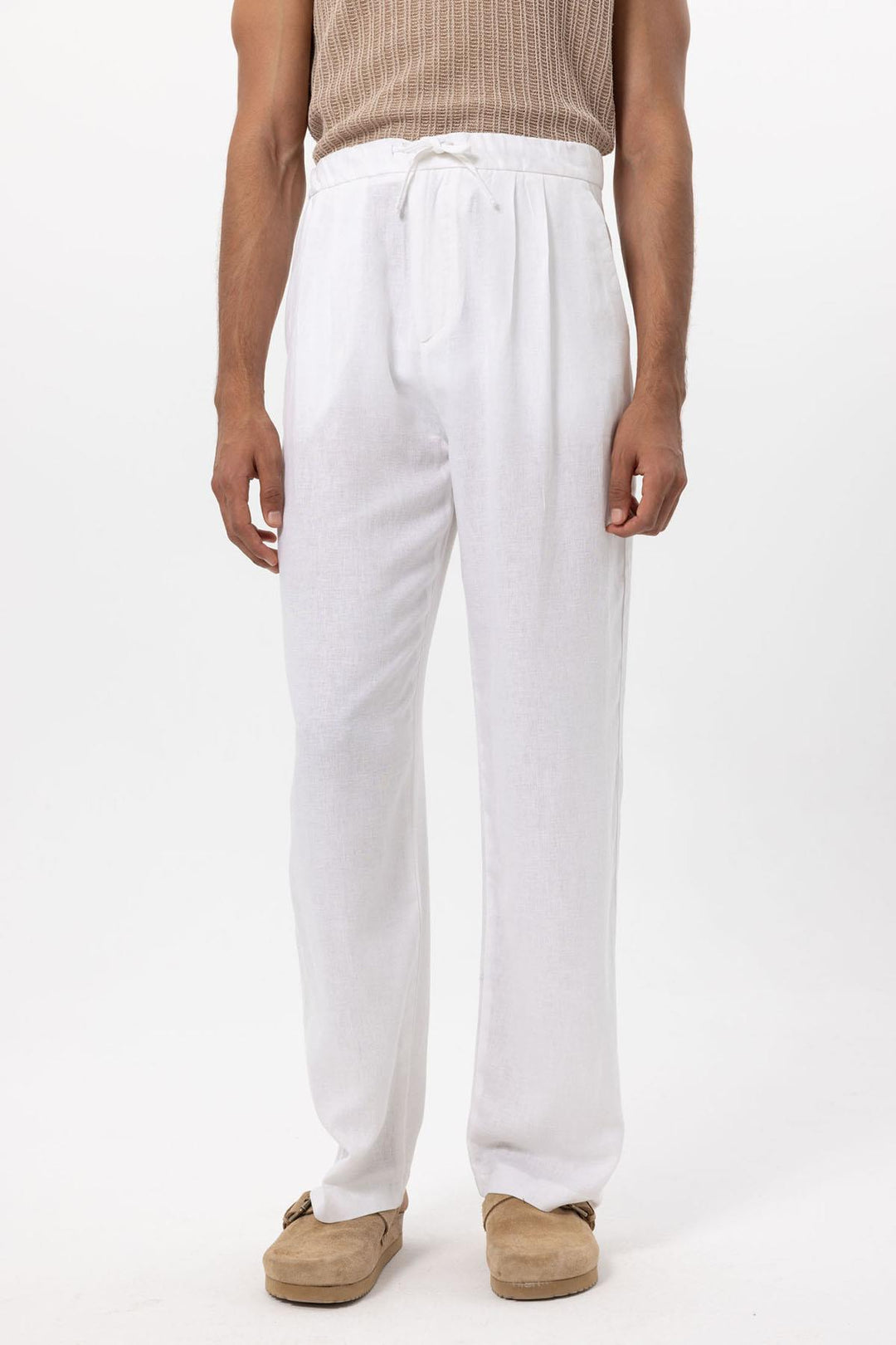 Men's White Belted Linen Blend Pants - Wessi