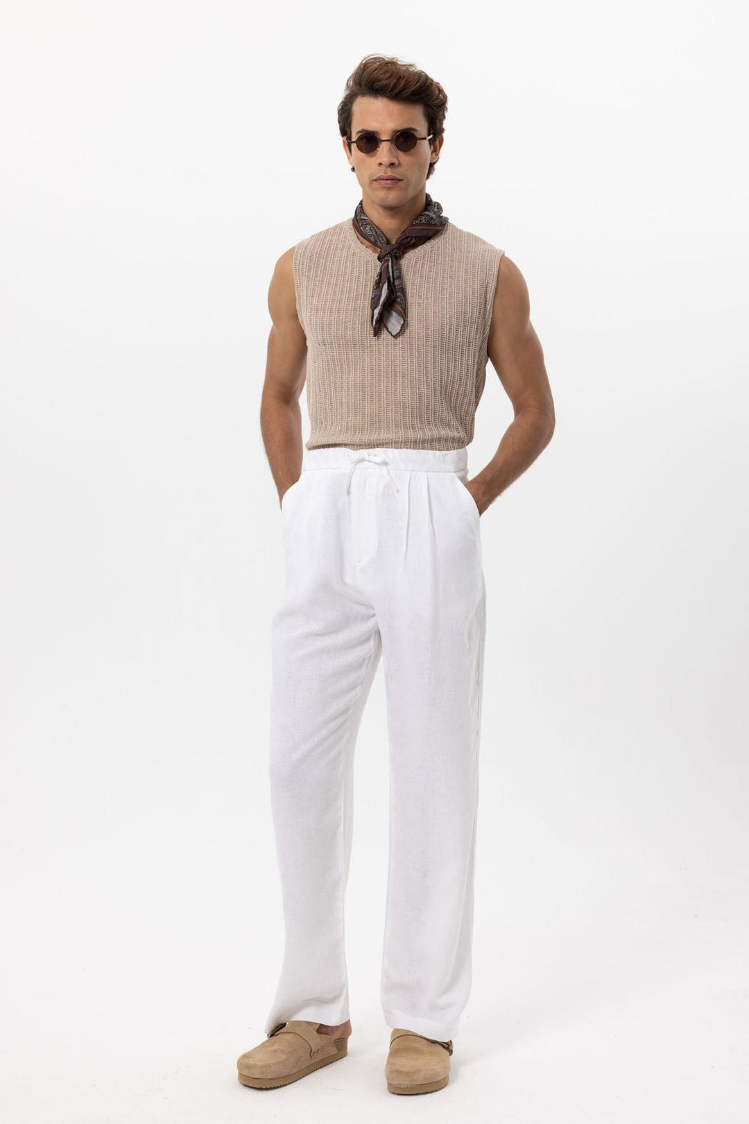 Men's White Belted Linen Blend Pants - Wessi