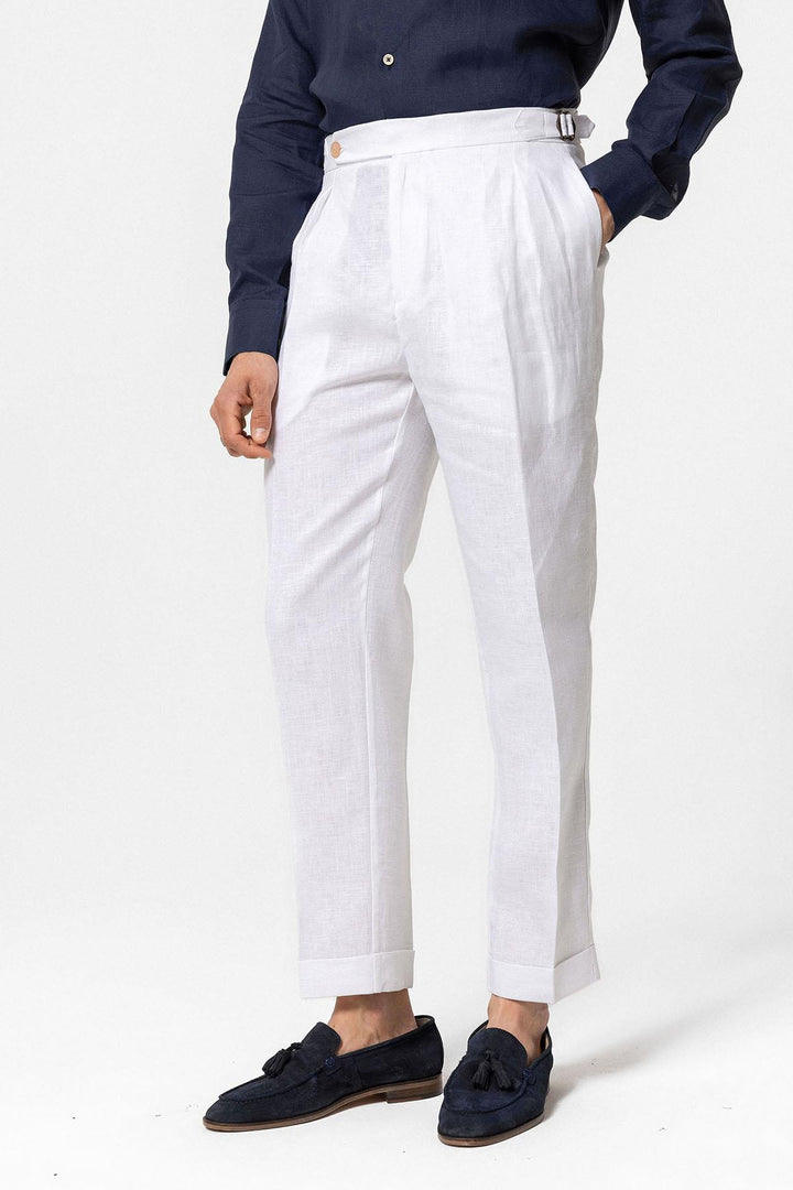 Men's White High-Waist 100% Linen Pleated Pants - Wessi