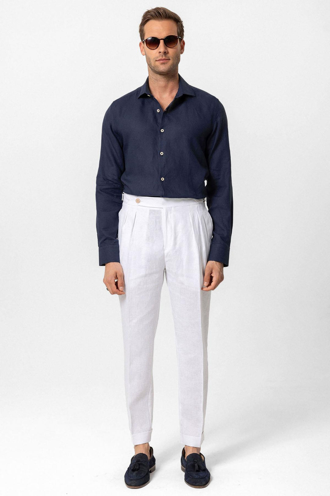 Men's White High-Waist 100% Linen Pleated Pants - Wessi