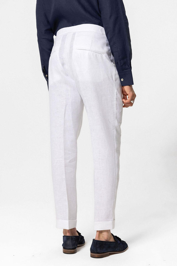 Men's White High-Waist 100% Linen Pleated Pants - Wessi