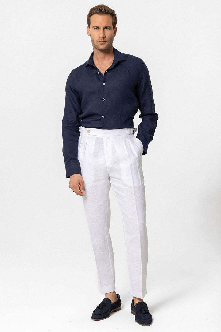 Men's White High-Waist 100% Linen Pleated Pants - Wessi