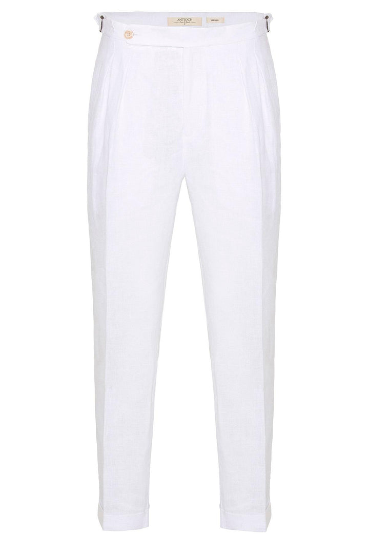 Men's White High-Waist 100% Linen Pleated Pants - Wessi