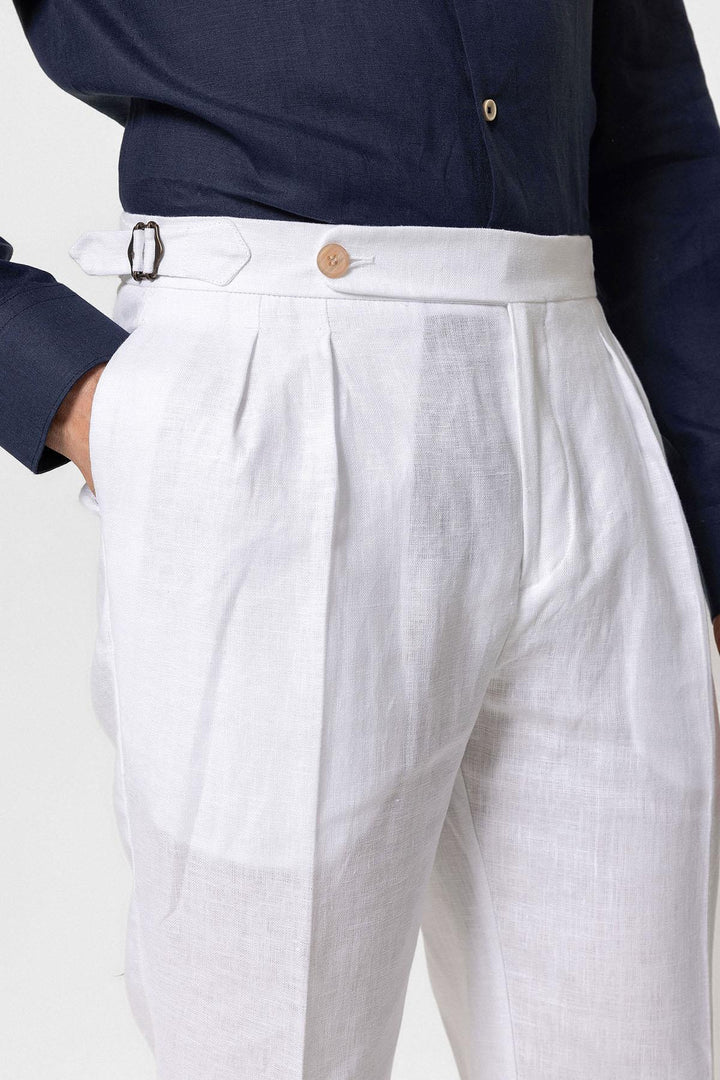 Men's White High-Waist 100% Linen Pleated Pants - Wessi