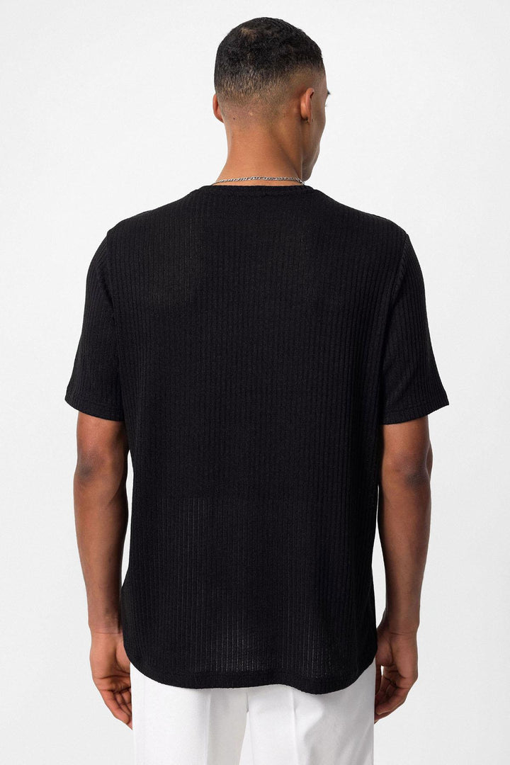 Men's Black Crew Neck Ribbed T-Shirt - Wessi