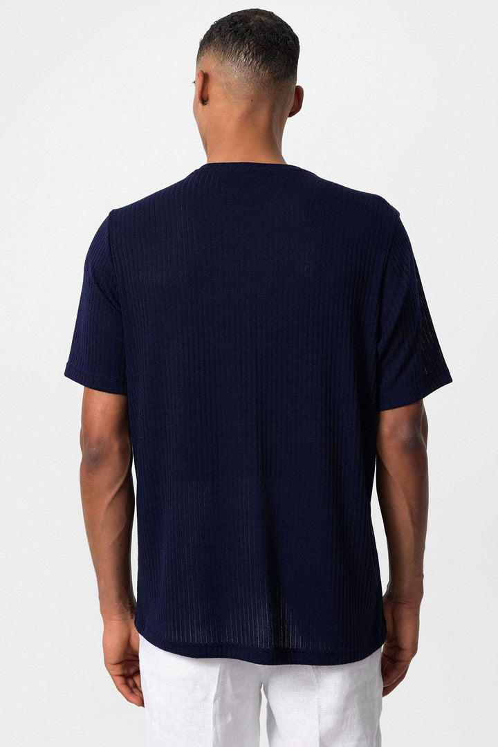 Camiseta de hombre de canalé azul marino con cuello redondo - Wessi