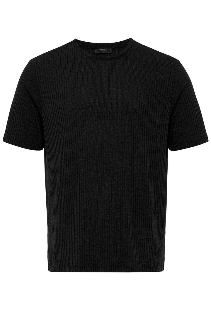 Men's Black Crew Neck Ribbed T-Shirt - Wessi