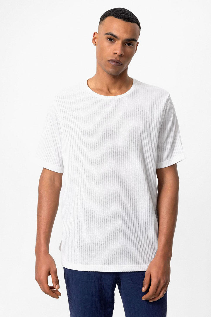 Men's White Crew Neck Ribbed T-Shirt - Wessi