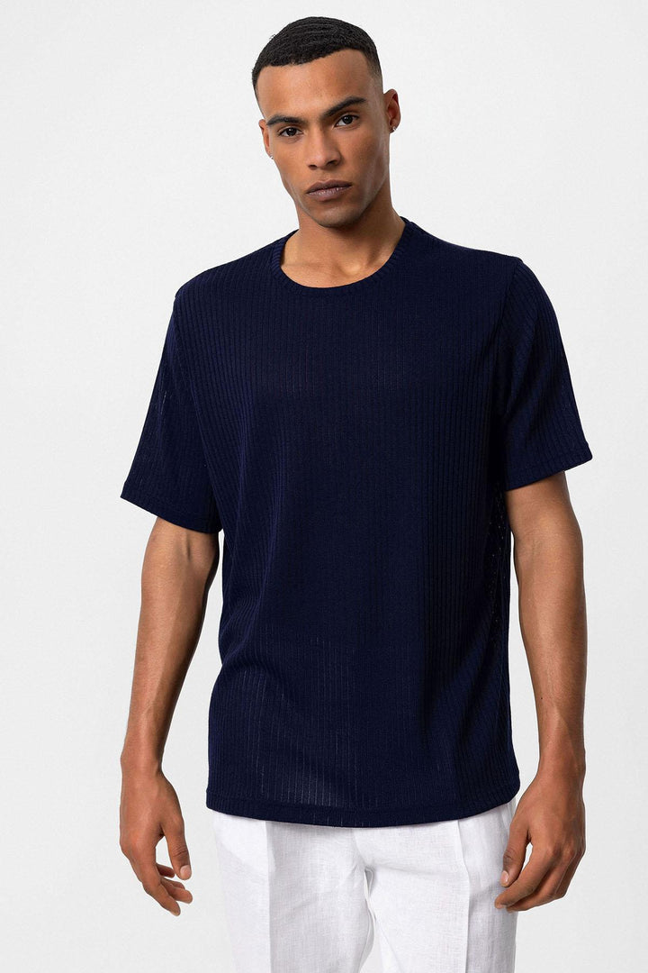 Camiseta de hombre de canalé azul marino con cuello redondo - Wessi