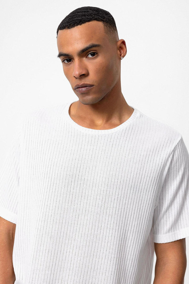 Men's White Crew Neck Ribbed T-Shirt - Wessi