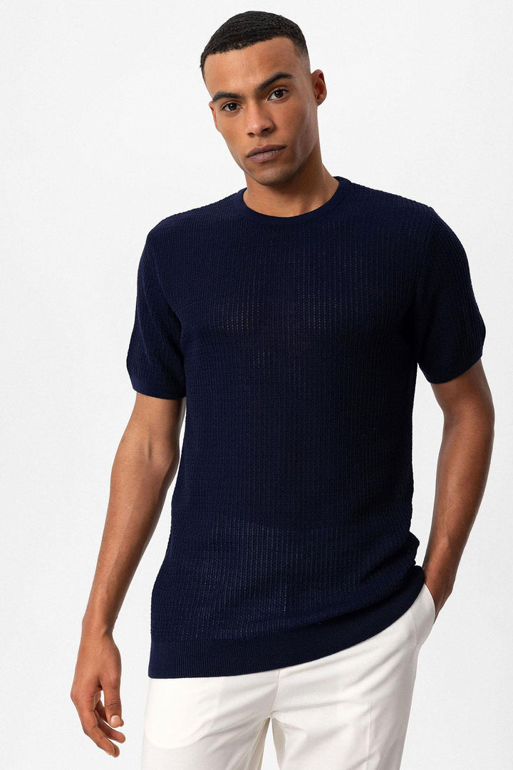 Men's Navy Blue Crew Neck Knit T-Shirt - Wessi