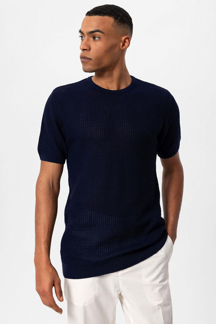 Men's Navy Blue Crew Neck Knit T-Shirt - Wessi