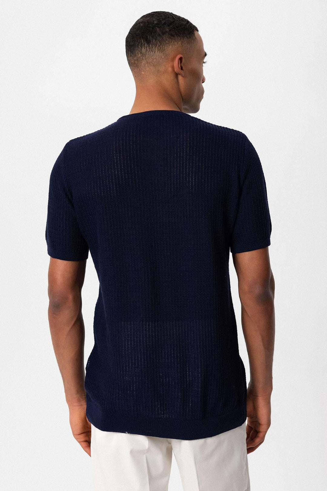 Men's Navy Blue Crew Neck Knit T-Shirt - Wessi