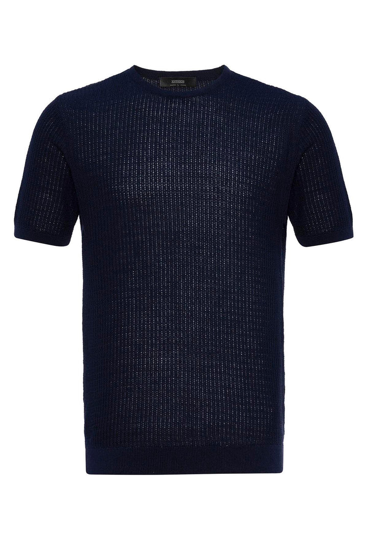 Men's Navy Blue Crew Neck Knit T-Shirt - Wessi