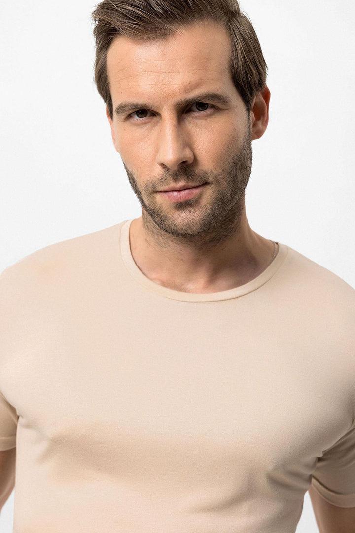 Camiseta Slim Fit Hombre Beige Cuello Redondo - Wessi